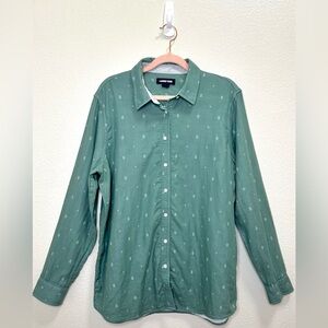 Lands' End Large (14-16) Green Aztec Print Button Down Shirt Roll Tab Sleeves